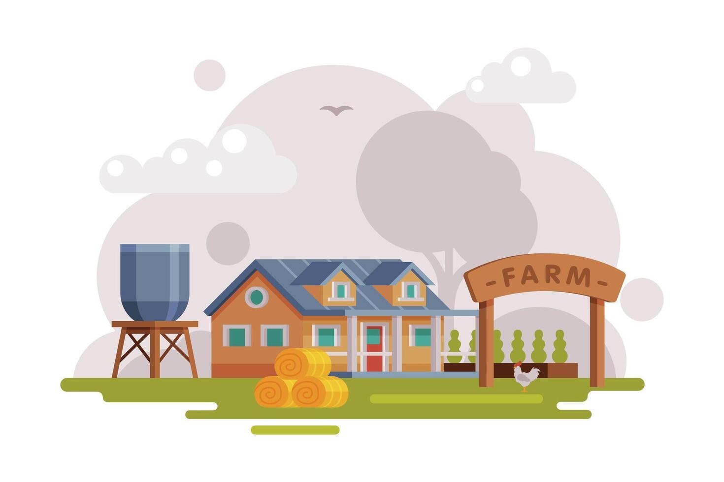 Farm Scene with Country House, Agriculture and Farming Concept Cartoon Illustration vector