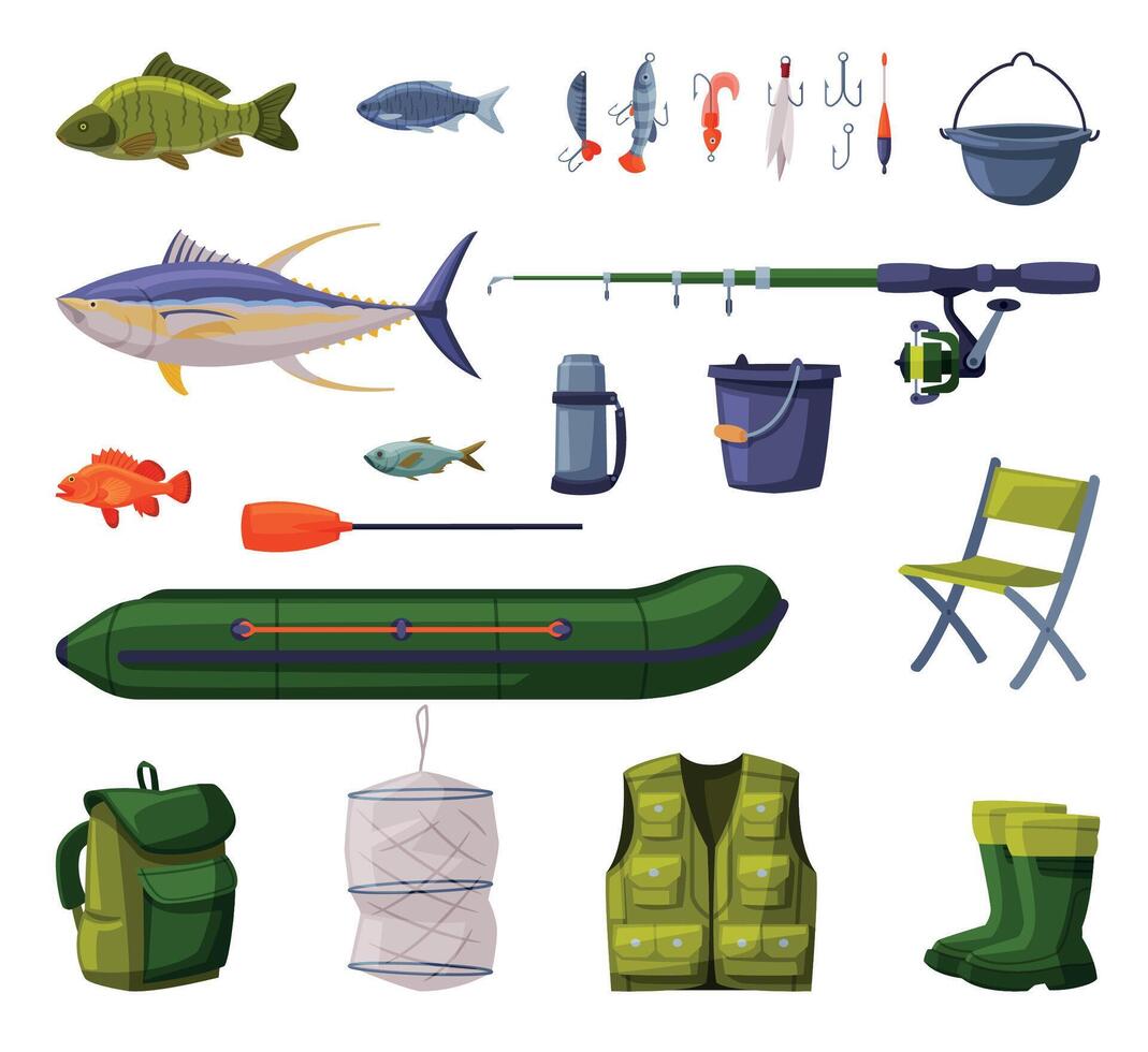 Fishing Equipment Set, Fishing Tools, Apparel, Boat, Accessories Cartoon Illustration vector