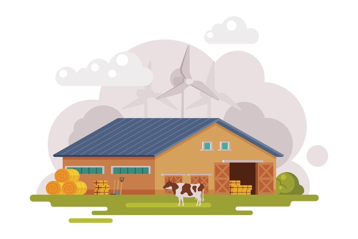 Farm Scene with Wooden Barn, Wind Turbine and Grazing Cow at Rural Landscape, Agriculture and Farming Concept Cartoon Illustration vector