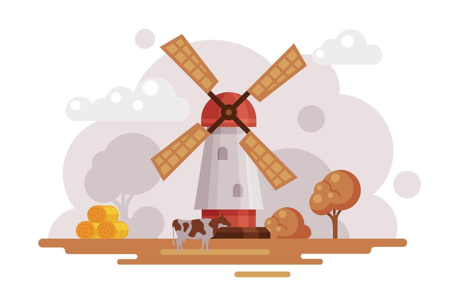 Farm Scene with Vintage Windmill at Autumn Rural Landscape, Agriculture and Farming Concept Cartoon Illustration vector