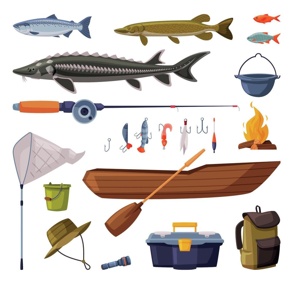Fishing Equipment Set, Freshwater Fishes, Fishing Tools, Apparel, Boat, Accessories Cartoon Illustration vector
