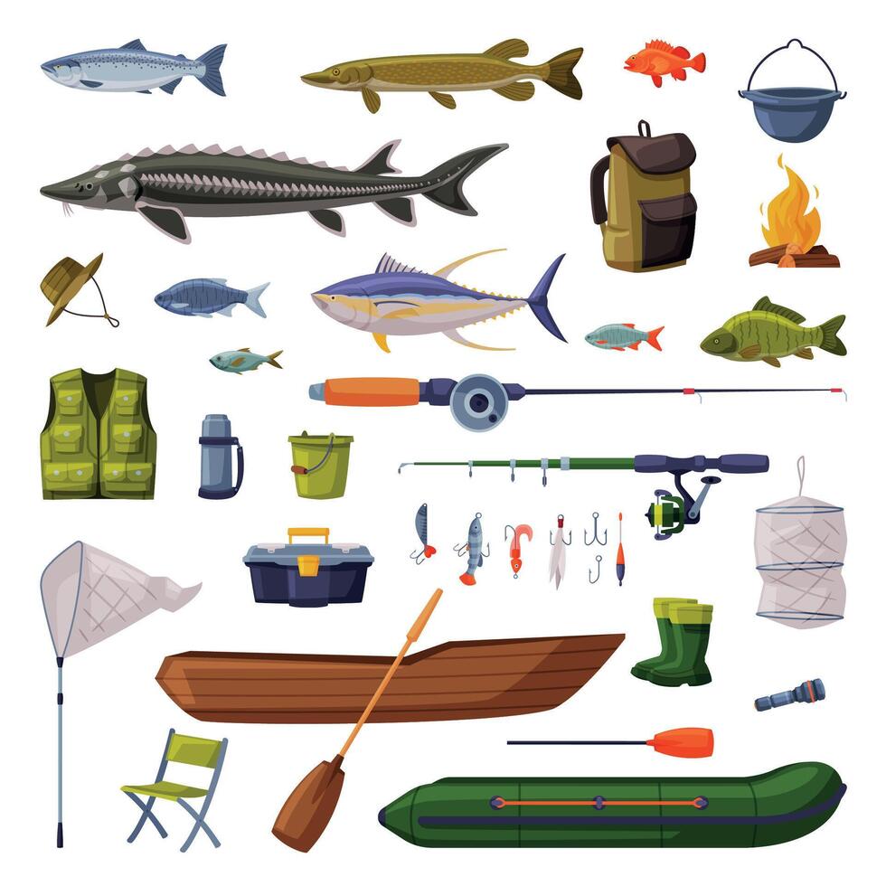 Fishing Equipment Set, Freshwater Fishes, Rod, Apparel, Boat, Accessories Cartoon Illustration vector