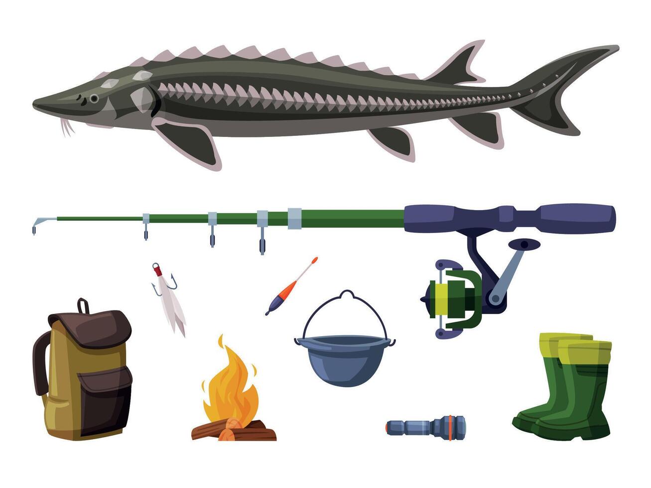 Fishing Equipment Set, Sterlet Freshwater Fish, Fishing Rod, Backpack, Bucket, Bonfire, Rubber Boots Cartoon Illustration vector