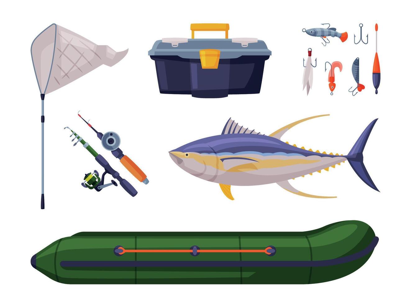 Tuna Fishing Equipment Set, Fishing Rod, Inflatable Boat, Net and Tackles Cartoon Illustration vector