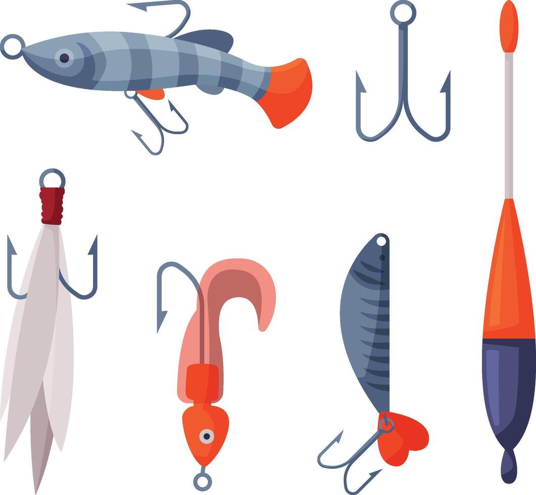 Fishing Lures Set, Artificial Plastic Accessories for Spinning Fishing with Crankbait Lures Cartoon Illustration vector