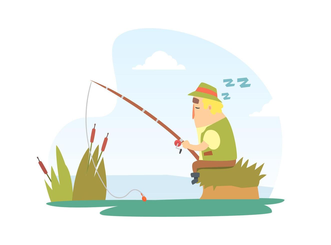 Fisherman Snoozing Sitting on Lake Shore with Fishing Rod Cartoon Illustration vector