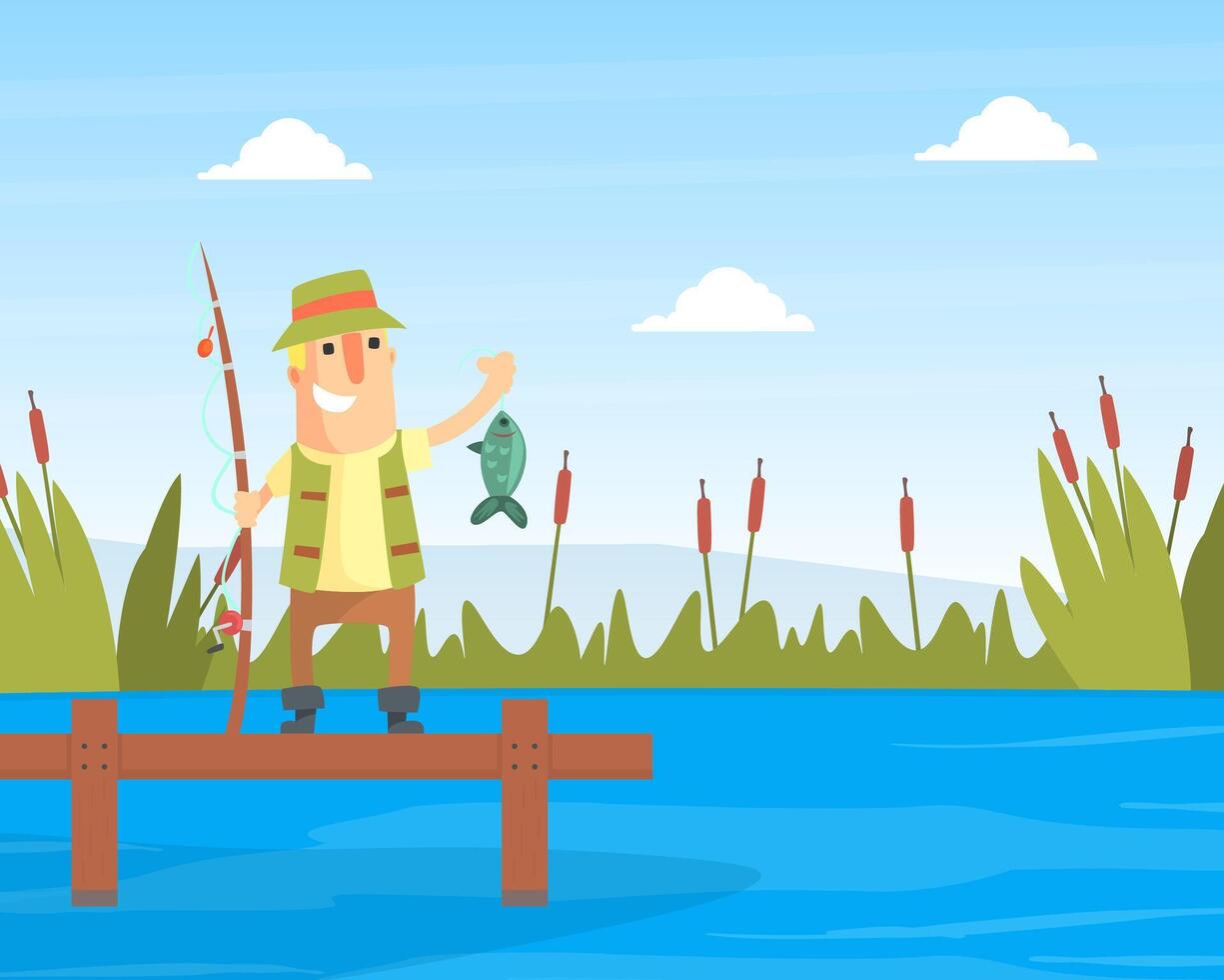 Happy Fisherman Character Standing on Wooden Pier Holding Fishing Rod with Caught Fish Cartoon Illustration vector