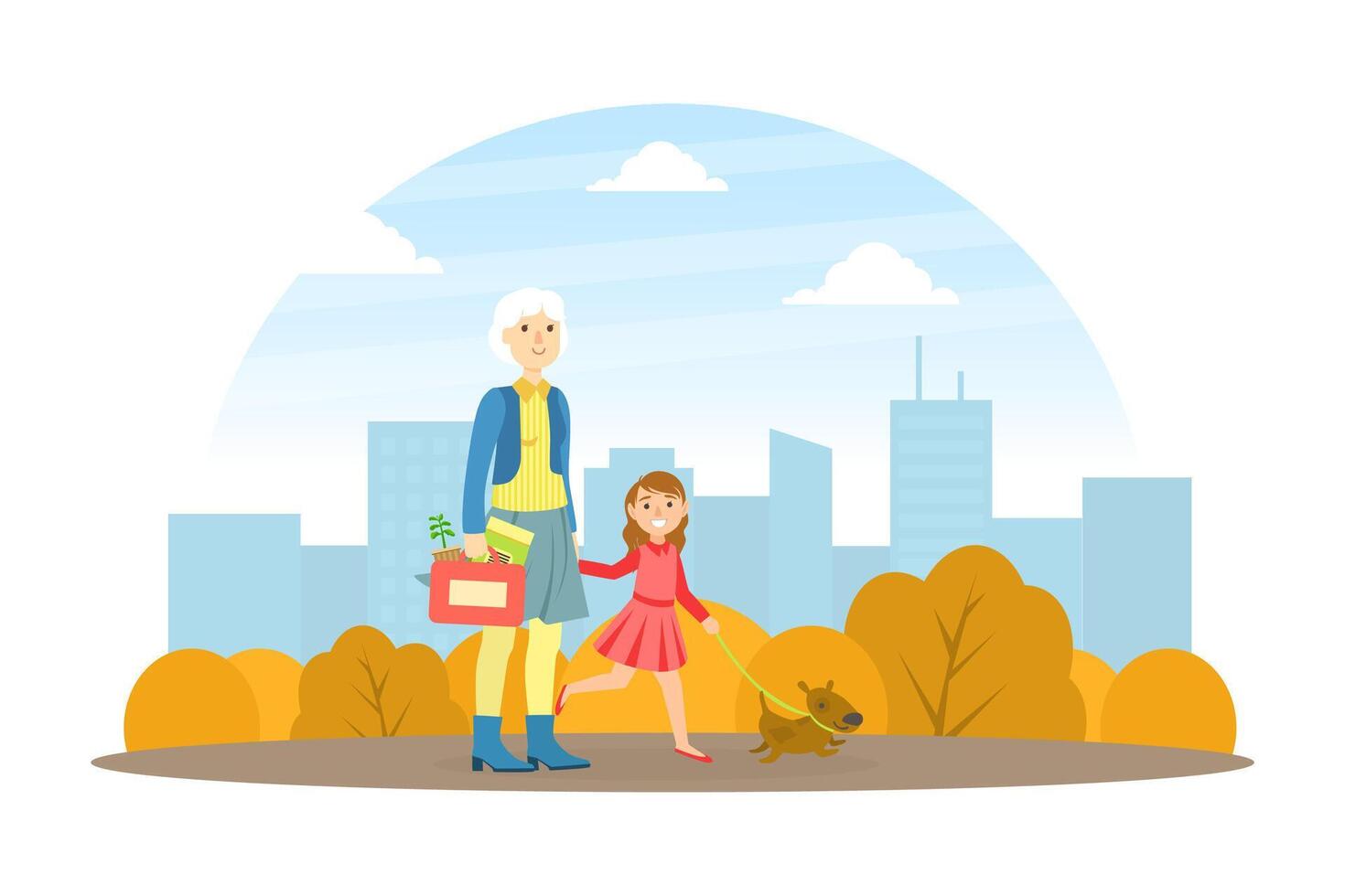 Grandmother Walking with her Granddaughter in Park, Elderly Woman Spending Time with her Grandchild, Girl Stayed with her Grandma for Weekend Cartoon Illustration vector