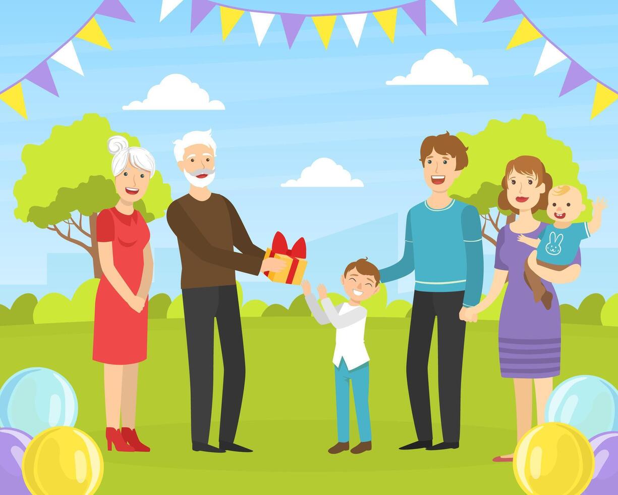Boy Giving Holiday Present to Happy Grandfather, Relatives Congratulating Grandparent with Birthday Party Event Outdoors Cartoon Illustration vector