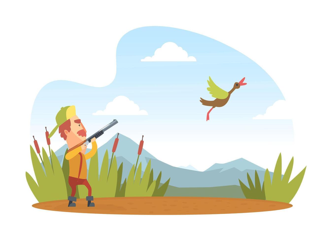 Man Hunter with Shotgun Hunting Duck, Funny Hunter Character Wearing Khaki Clothes and Hat with Rifle Cartoon Illustration vector