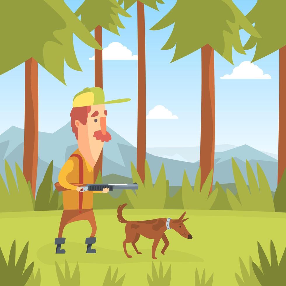 Man Hunter with Dog Pursuing Prey in Summer Forest, Funny Hunter Character Wearing Khaki Clothes and Hat with Rifle Cartoon Illustration vector