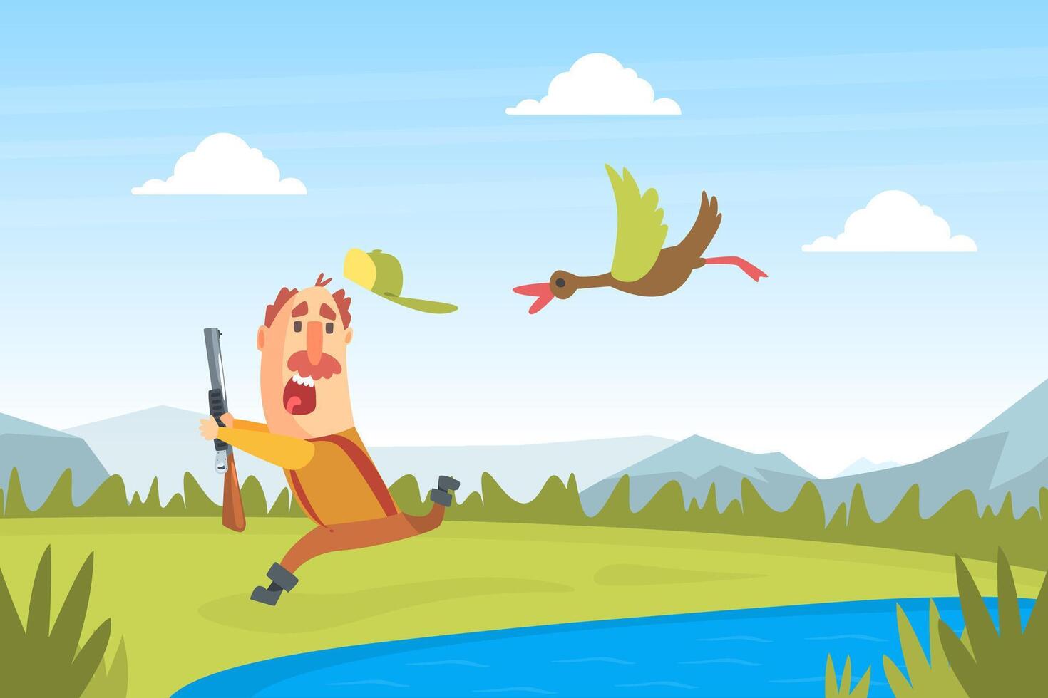 Funny Man Hunter Character Running away from Flying Duck Bird Cartoon Illustration vector