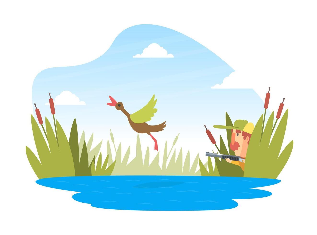 Man Hunter with Shotgun Hunting Ducks in Ambush, Funny Hunter Character Wearing Khaki Clothes and Hat with Rifle Cartoon Illustration vector