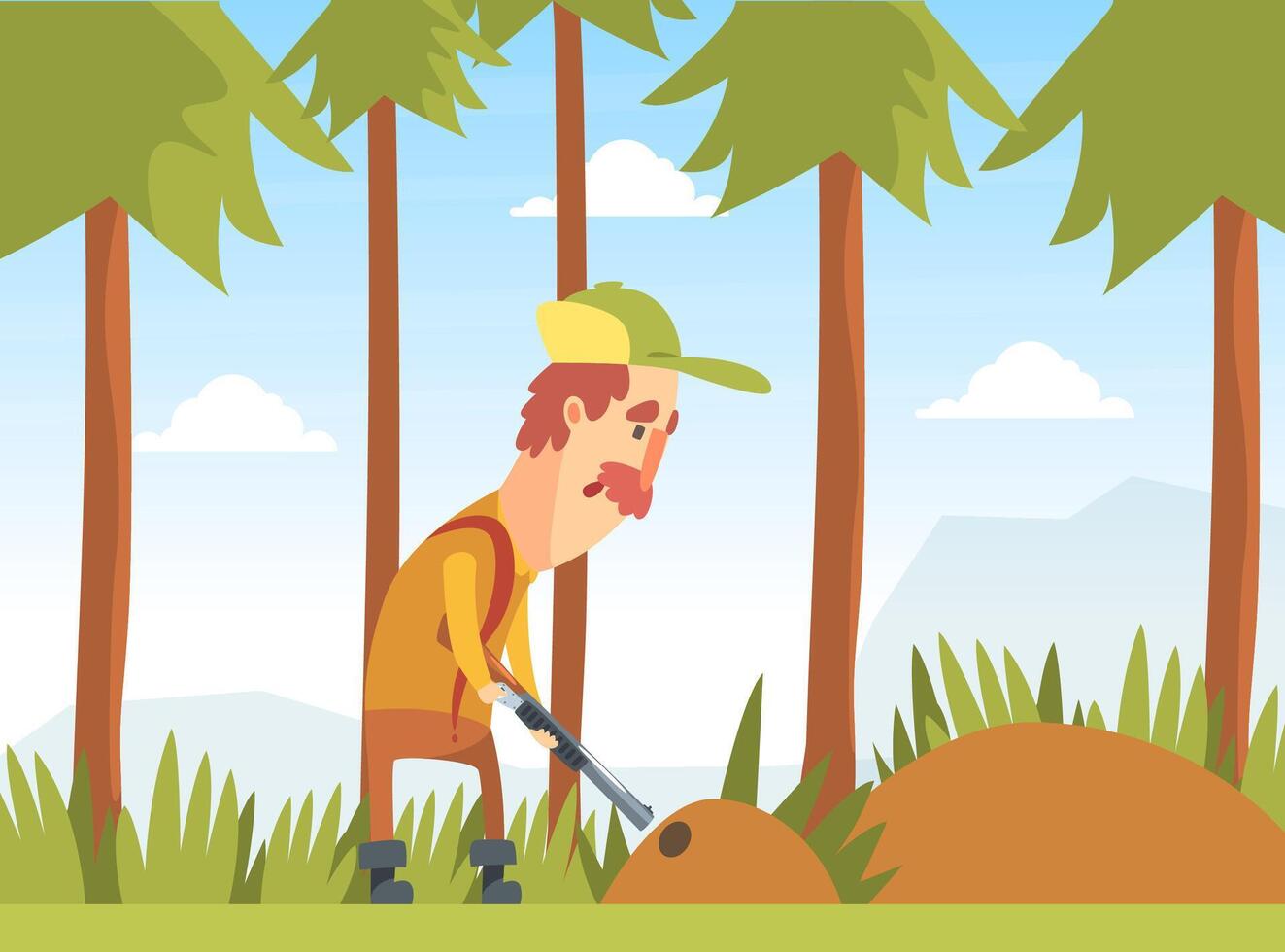 Man Hunter Aiming with Shotgun into Burrow, Funny Hunter Character Wearing Khaki Clothes and Hat with Rifle Cartoon Illustration vector