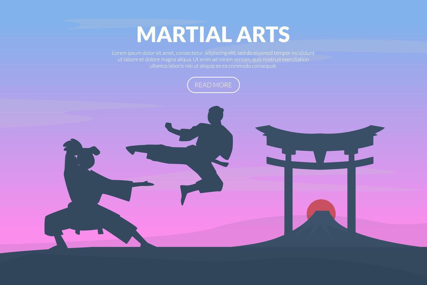 Martial Arts Banner Template with Asian Fighters, Karate, Judo, Taekwondo, Aikido School Website, Homepage Design Illustration vector