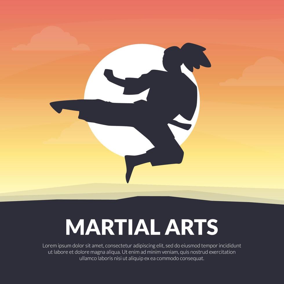 Martial Arts Banner Template, Karate, Judo, Taekwondo, Aikido School Design, Asian Martial Art Fighter at Sunset Illustration vector