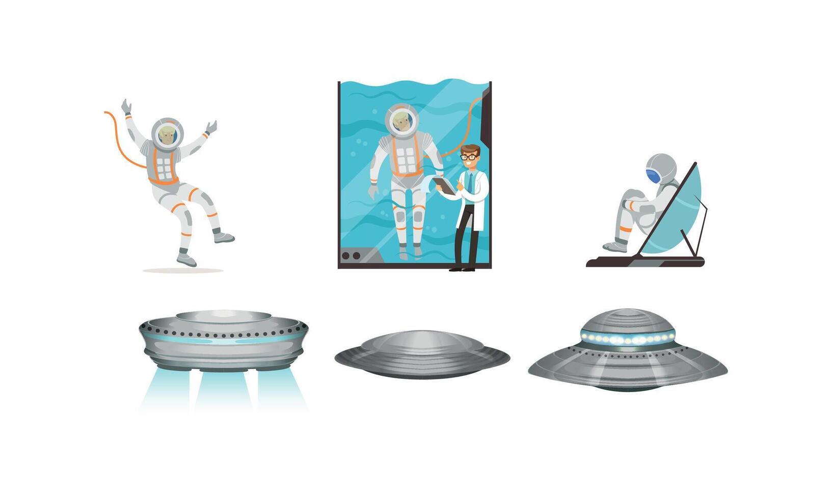 Space Mission Preparing and Ufo Spaceships Set, Male Astronaut Training Vestibular Apparatus on Simulator Machine Flat Style Illustration vector