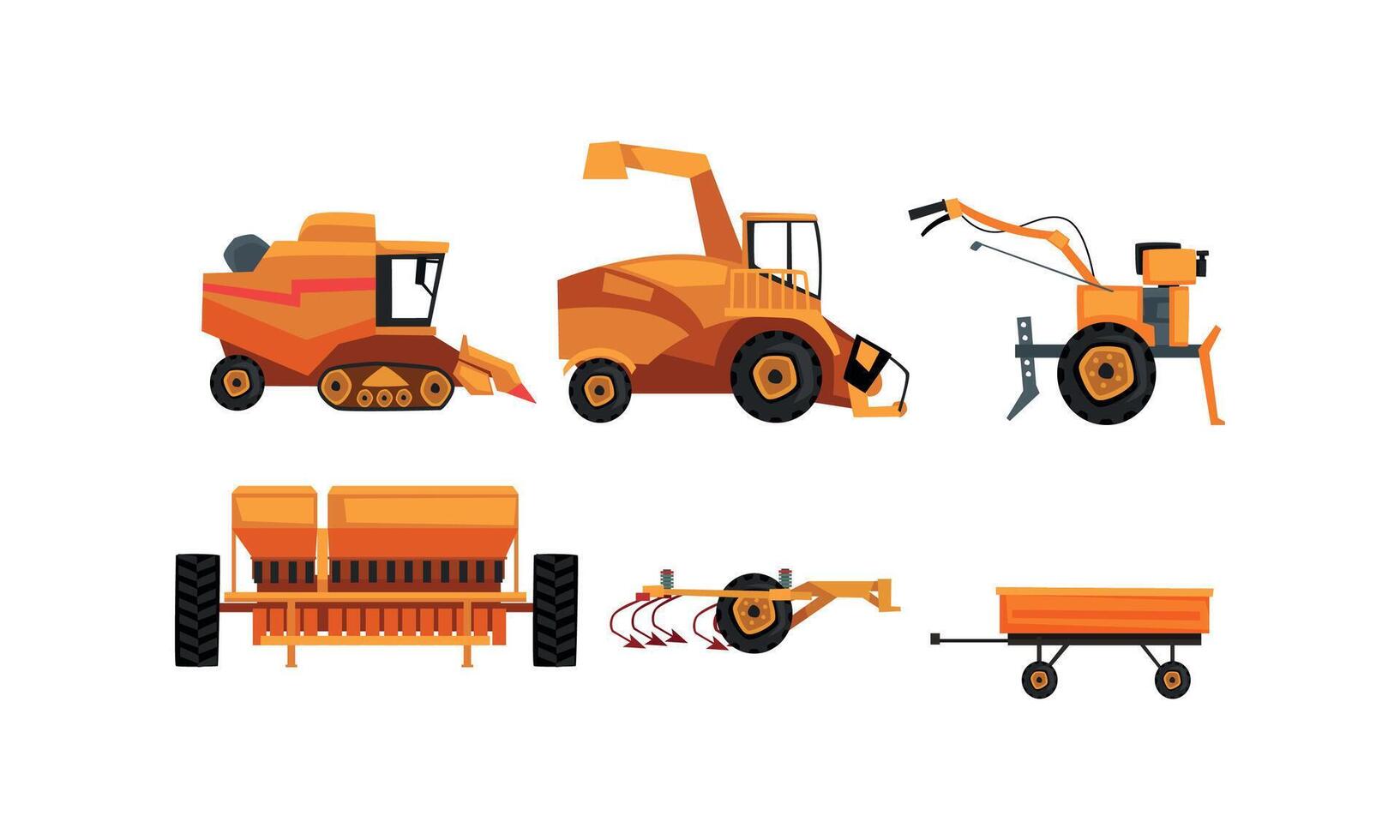 Agricultural Machinery Set, Farm Vehicles for Land Agricultural Processing Flat Style Illustration vector