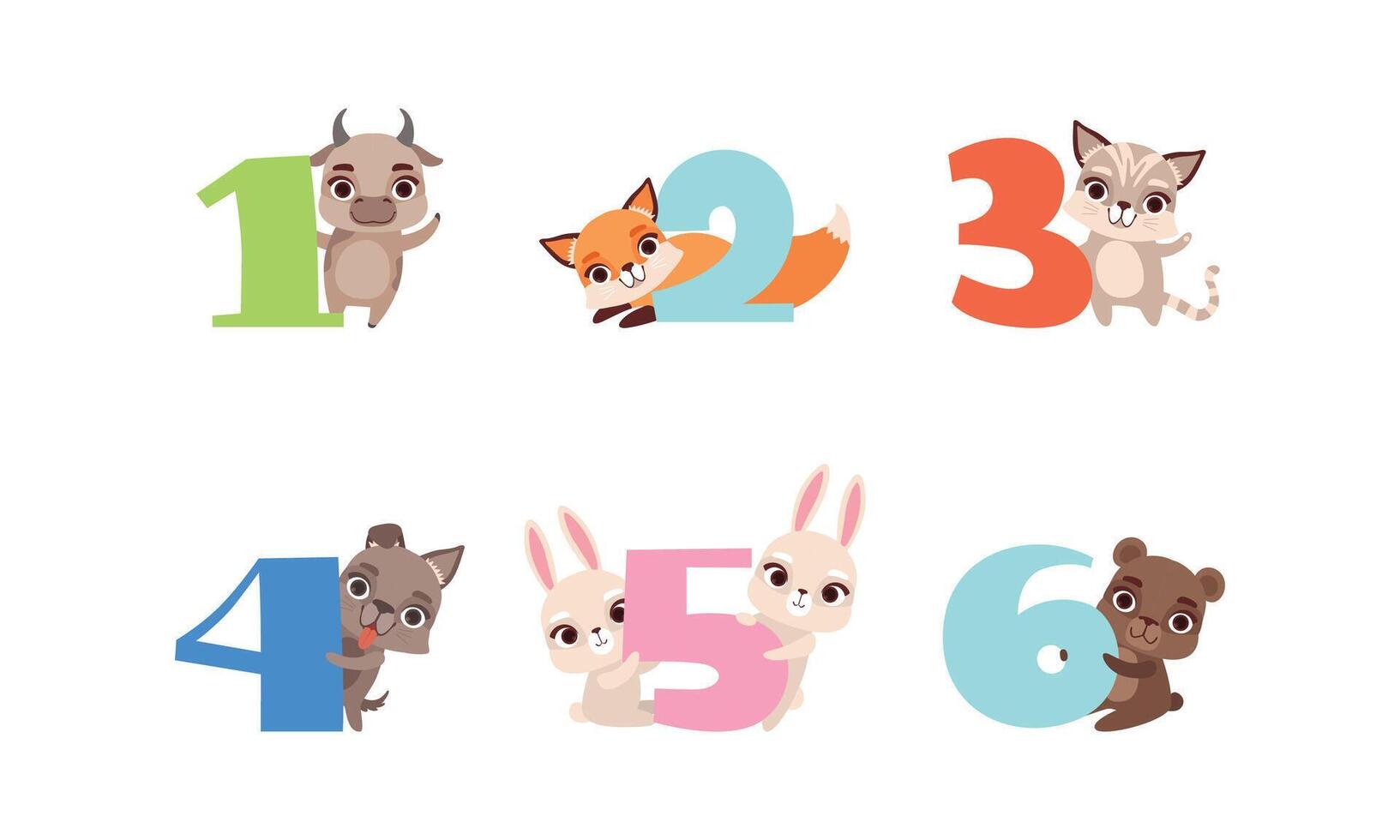 Anniversary Numbers with Cute Animals Set, Bull, Fox, Kitten, Puppy, Bunny, Bear Cartoon Style Illustration vector