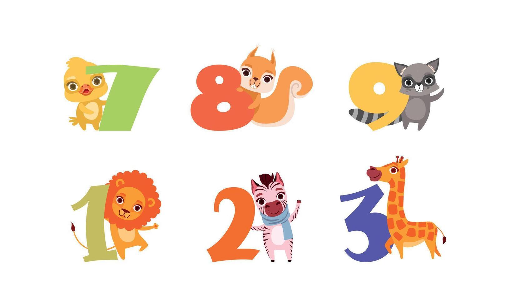 Anniversary Numbers with Cute Animals Set, Duckling, Squirrel, Raccoon, Lion, Zebra, Giraffe Cartoon Style Illustration vector