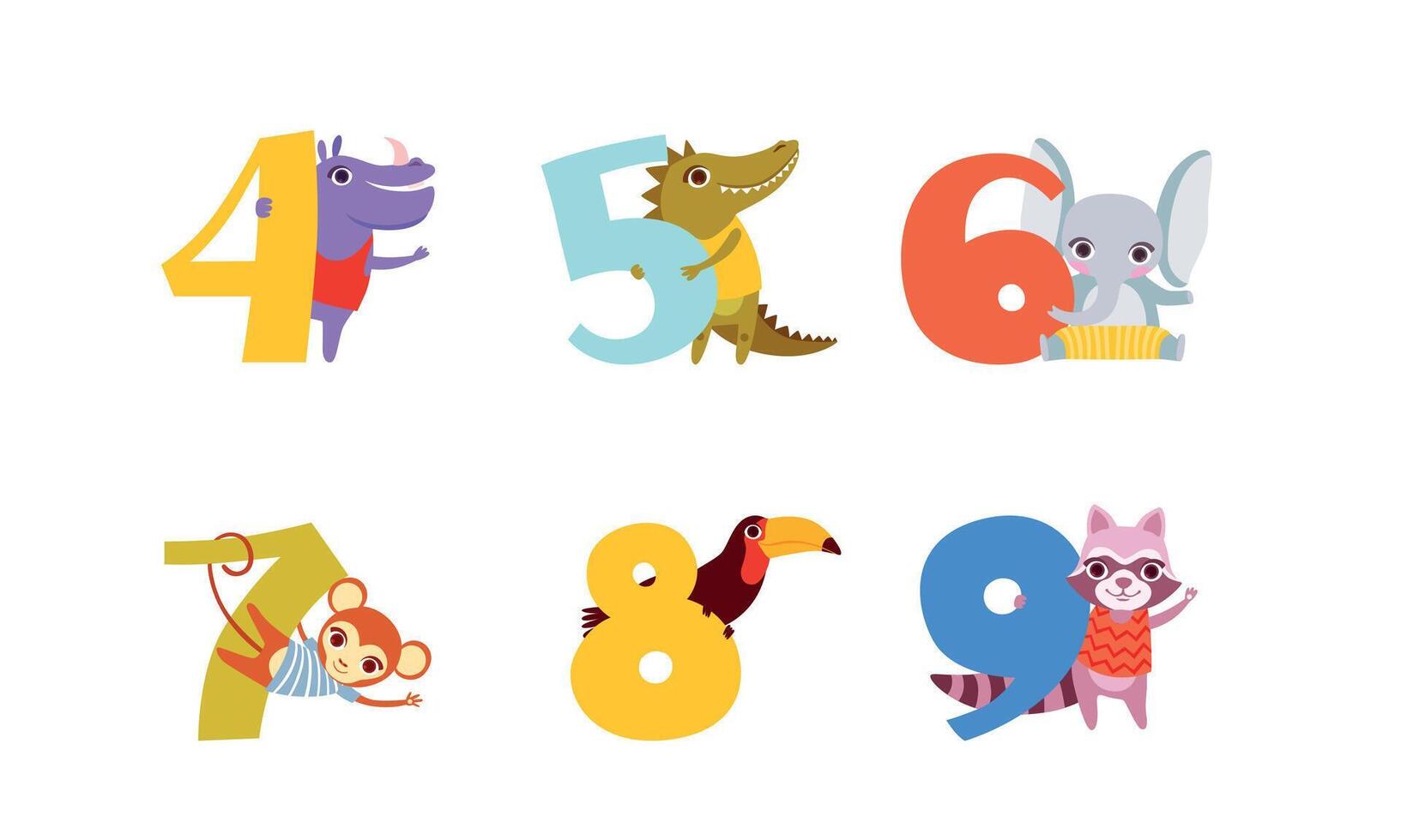 Anniversary Numbers with Cute Animals Set, Hippo, Crocodile, Elephant, Monkey, Toucan, Raccoon Cartoon Style Illustration vector