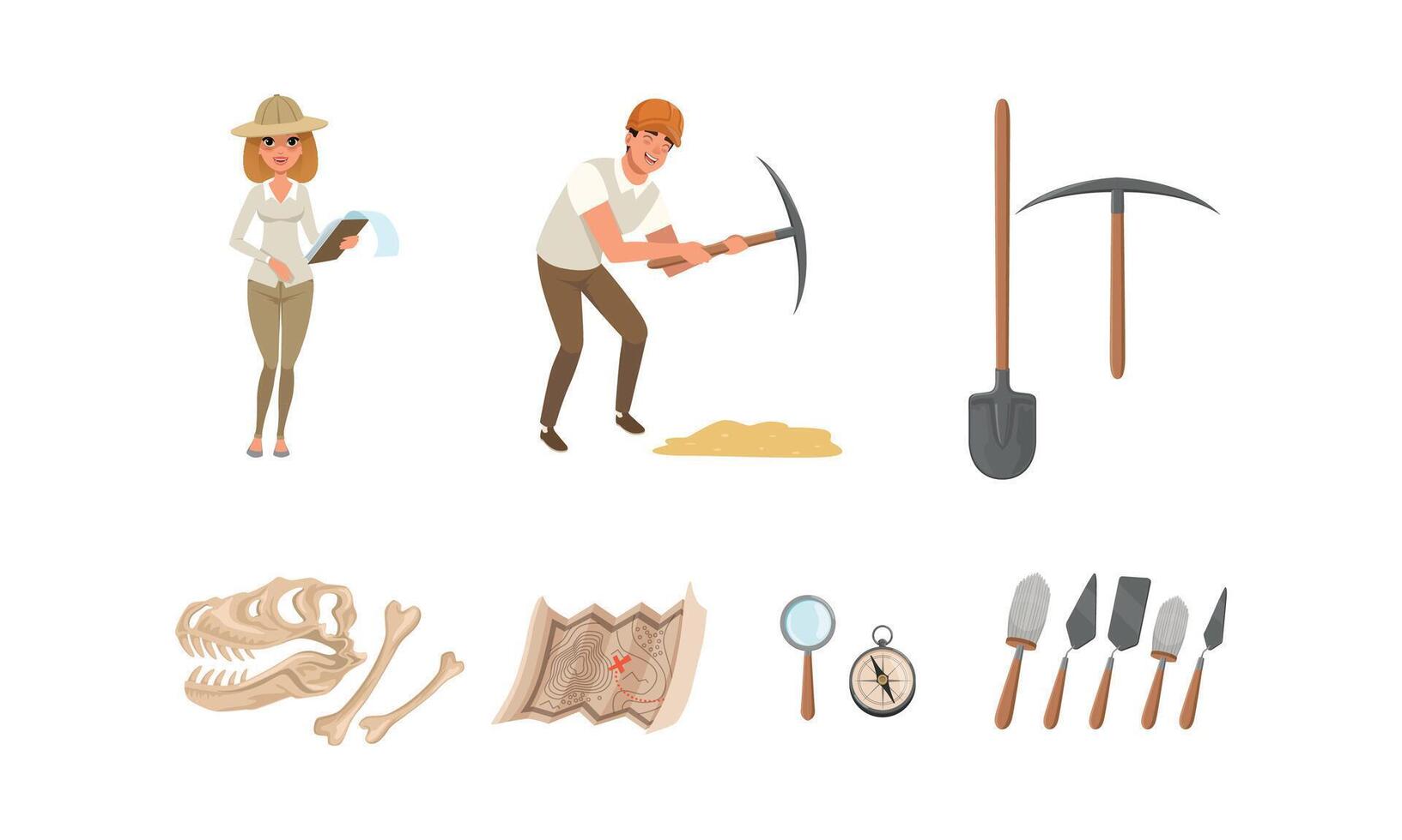 Archaeologists Working on Excavations, Paleontology Scientists with Professional Equipment Set Cartoon Style Illustration vector