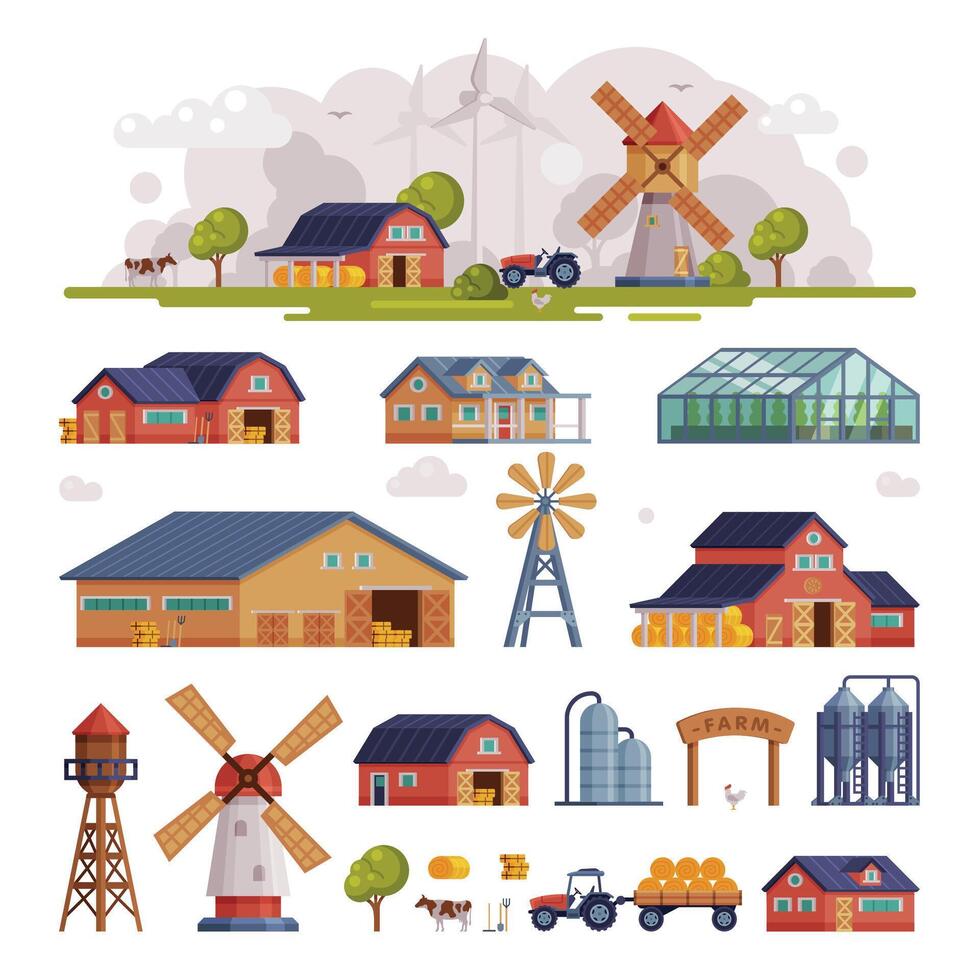 Rural Buildings and Agricultural Objects Set, Summer Farm Scene with Red Barn and Windmill, Agriculture and Farming Concept Cartoon Illustration vector