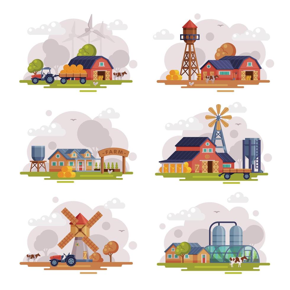 Farm Scenes Set, Autumn Rural Landscape, Agriculture and Farming Concept Cartoon Illustration vector