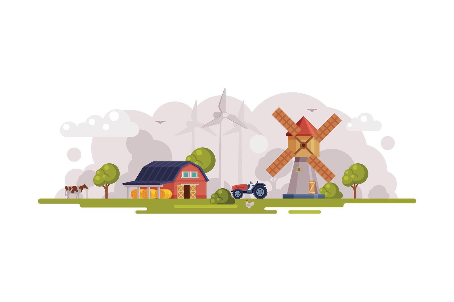 Farm Scene with Red Barn, Windmill and Wind Turbines, Summer Rural Landscape, Agriculture and Farming Concept Cartoon Illustration vector