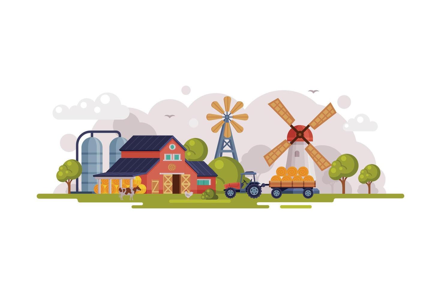 Farm Scene with Red Barn House, Windmill and Wind Turbine, Summer Rural Landscape, Agriculture and Farming Concept Cartoon Illustration vector