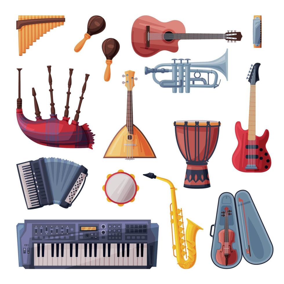 Musical Instruments Set, Cello, Violin, Guitar, Balalaika, Saxophone, Harmonica, Maracas, Piano, Accordion Flat Style Illustration vector