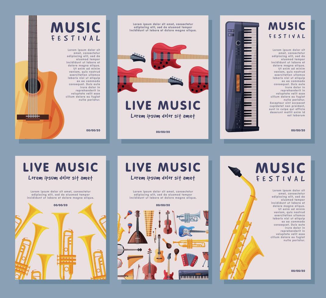 Live Music Festival Banner Tempates Set, Advertisement Poster, Brochure, Flyer, Invitation Card with Orchestral Musical Instruments Illustration vector