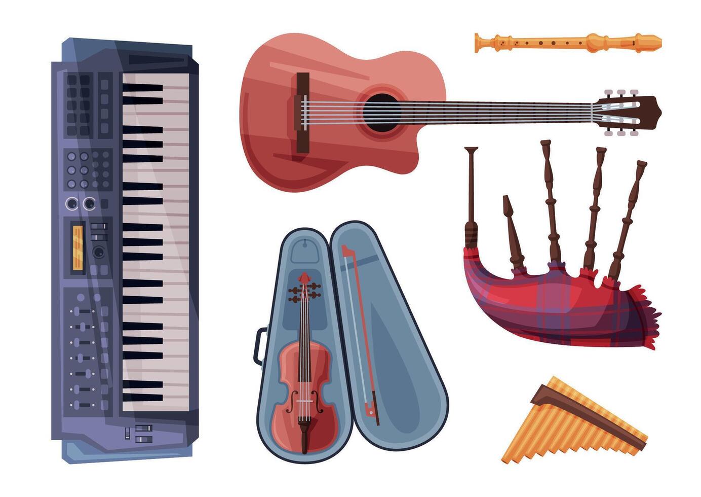 Musical Instruments Set, Harmonica, Flute, Violin in Case, Bagpipe, Clarinet, Synthesizer Flat Style Illustration vector