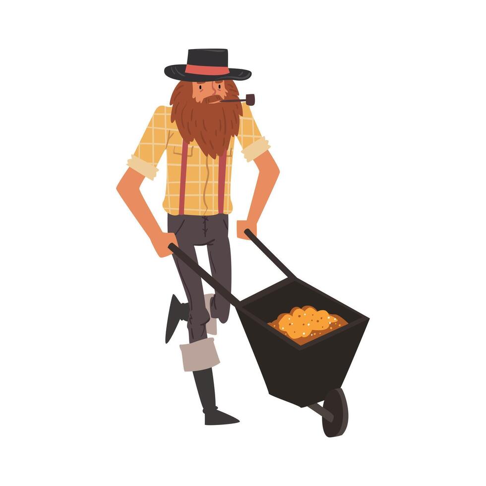 Male Prospector with Wheelbarrow full of Gold, Bearded Gold Miner Character Wearing Vintage Clothes and Hat Smoking Pipe Cartoon Style Illustration vector