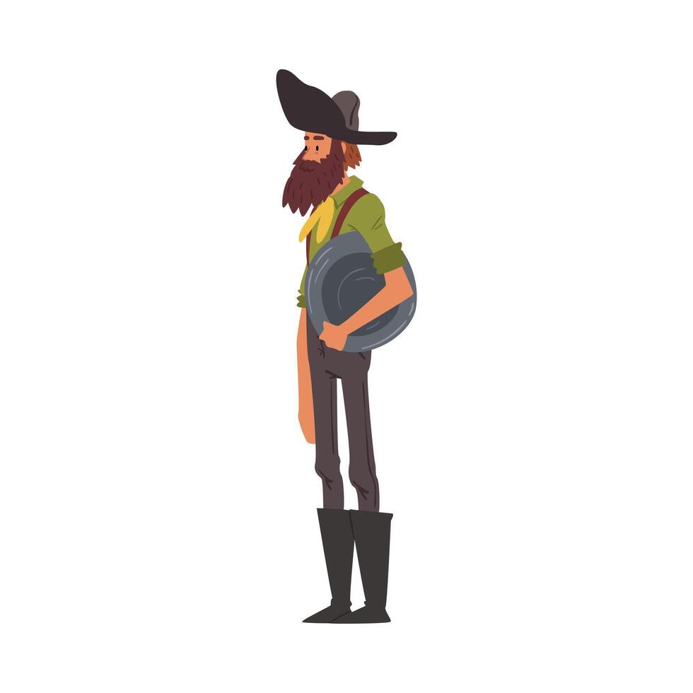 Male Prospector with Pan, Mature Bearded Gold Miner Character Wearing Vintage Clothes Cartoon Style Illustration vector