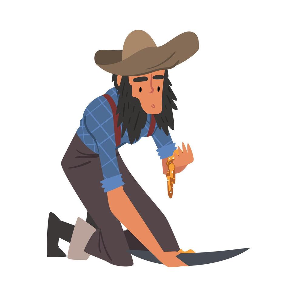 Male Prospector, Bearded Gold Miner Character Wearing Vintage Clothes Panning Golden Sand and Pills Cartoon Style Illustration vector