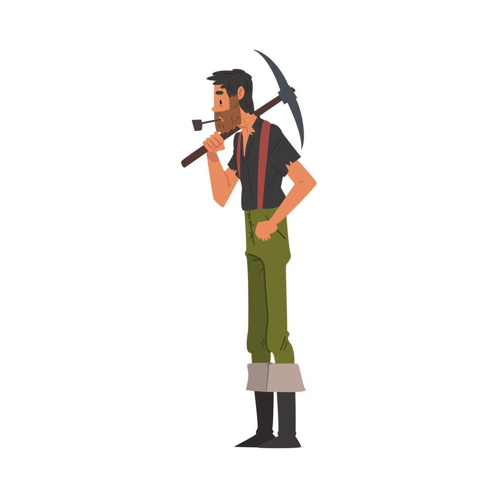 Male Prospector with Pickaxe, Bearded Gold Miner Wild West Character Wearing Vintage Clothes Smoking Pipe Cartoon Style Illustration vector