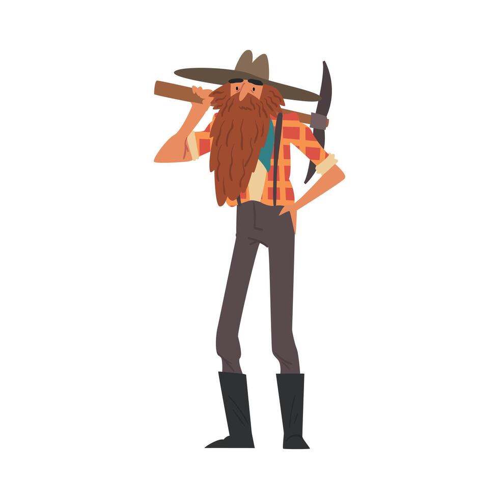 Male Prospector Standing with Pickaxe, Bearded Gold Miner Character Wearing Vintage Clothes Cartoon Style Illustration vector