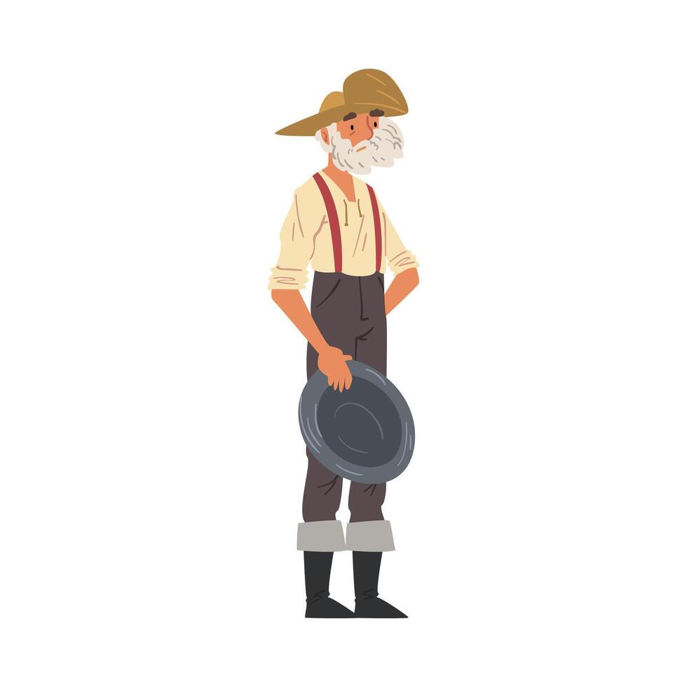 Male Prospector Standing with Pan, Mature Bearded Gold Miner Wild West Character Wearing Vintage Clothes Cartoon Style Illustration vector