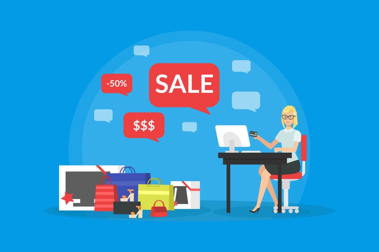 Shopping Online, Young Woman Taking Part in Seasonal Sale at Online Store, Girl Sitting at the Desk Surrounded By Shopping Bags with Purchases Illustration vector