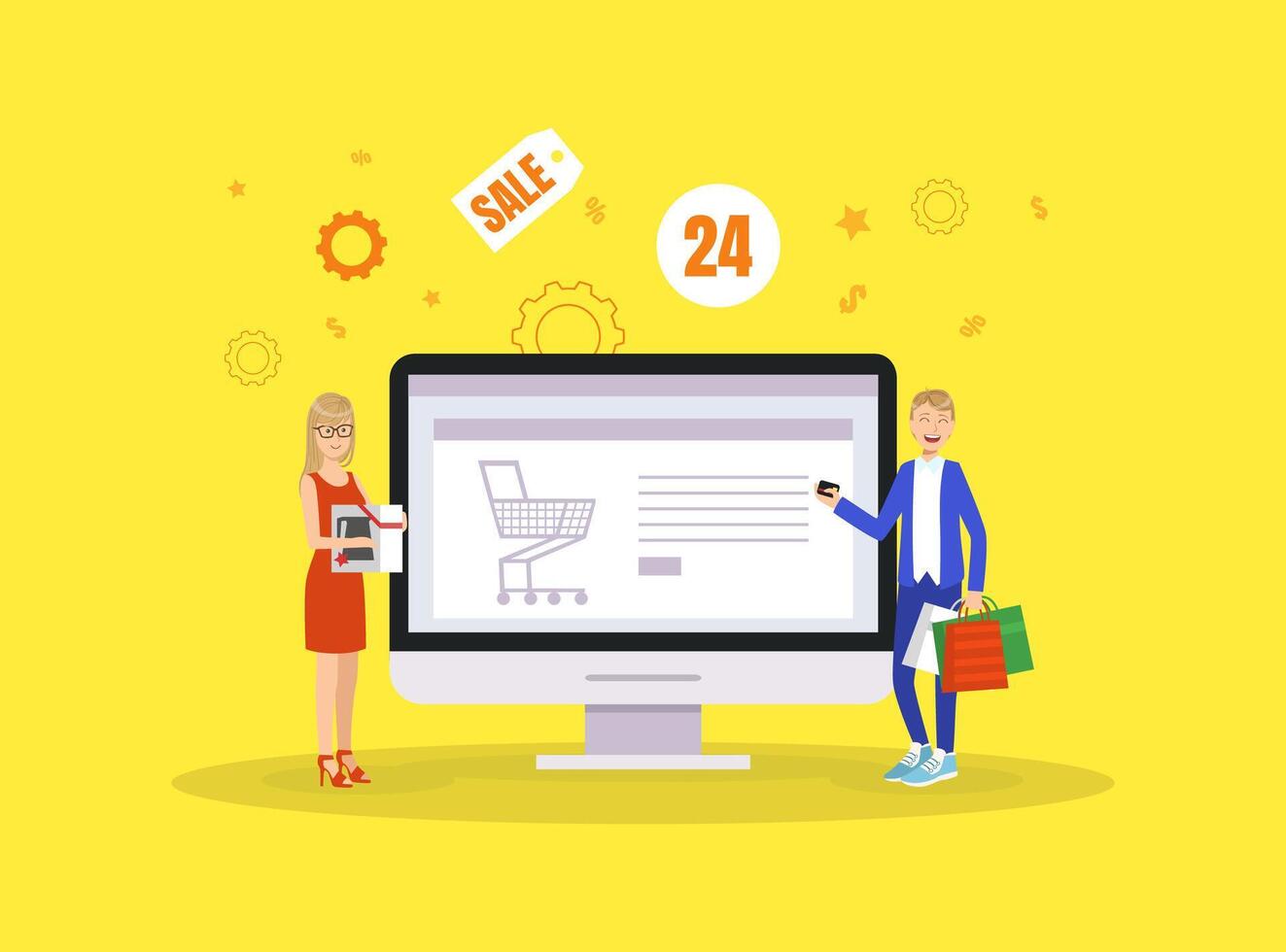 Shopping Online, People Taking Part in Seasonal Sale at Online Store, Young Man and Woman Standing with Purchases Illustration vector