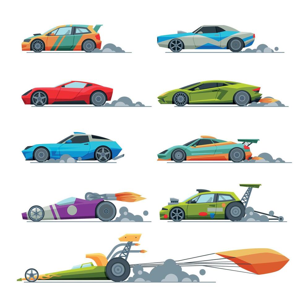 Sport Racing Cars Collection, Side View, Fast Motor Racing Bolids Illustration vector