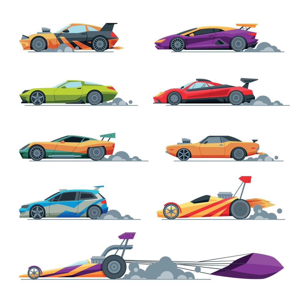 Sport Racing Cars Collection, Side View, Fast Motor Racing Modern and Retro Vehicles Illustration vector