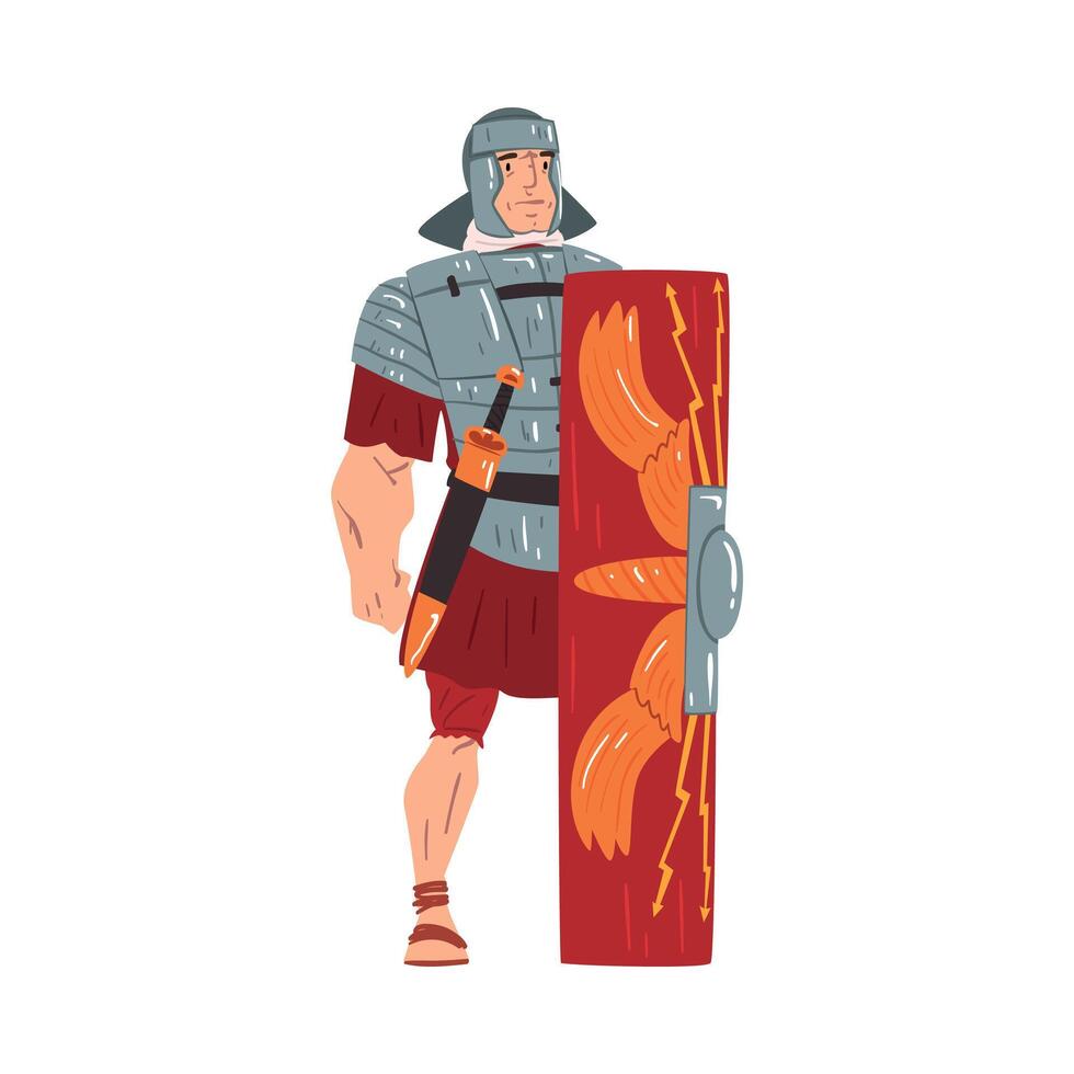 Ancient Rome Warrior, Male Roman Legionnaire Character with Sword and Shield Illustration vector