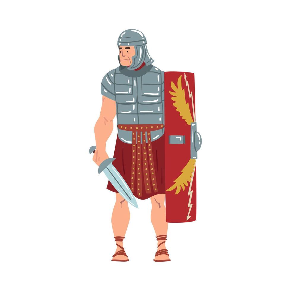 Ancient Rome Warrior, Male Roman Legionnaire or Soldier Character with Sword and Shield Illustration vector