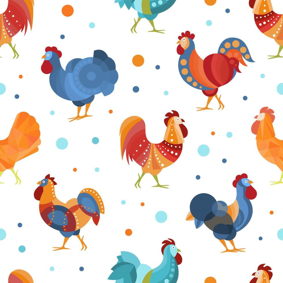 Bright Seamless Pattern with Roosters, Design Element Can Be Used for Wallpaper, Packaging, Background Cartoon Illustration vector
