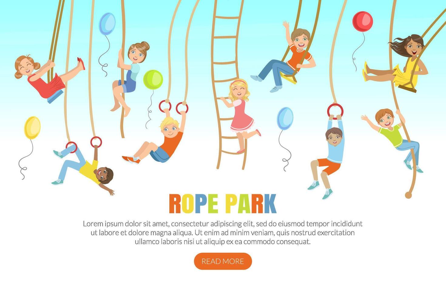 Rope Park Landing Page Template, Happy Children Swinging on Ropes Web Page, Mobile App, Homepage Illustration vector