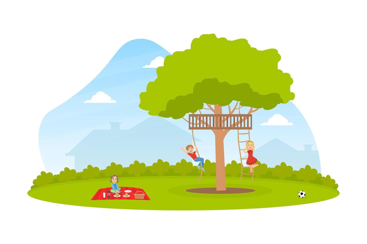 Happy Kids Swinging on Rope in Summer Park Illustration vector