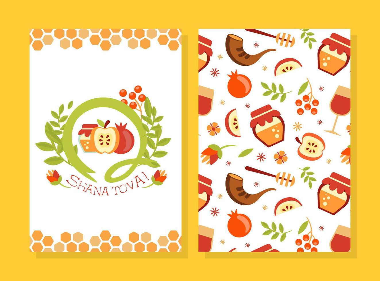 Shana Tova Card Template, Traditional Jewish New Year Holiday Banner, Poster, Postcard or Invitation with Symbols of the Holiday Seamless Pattern Illustration vector