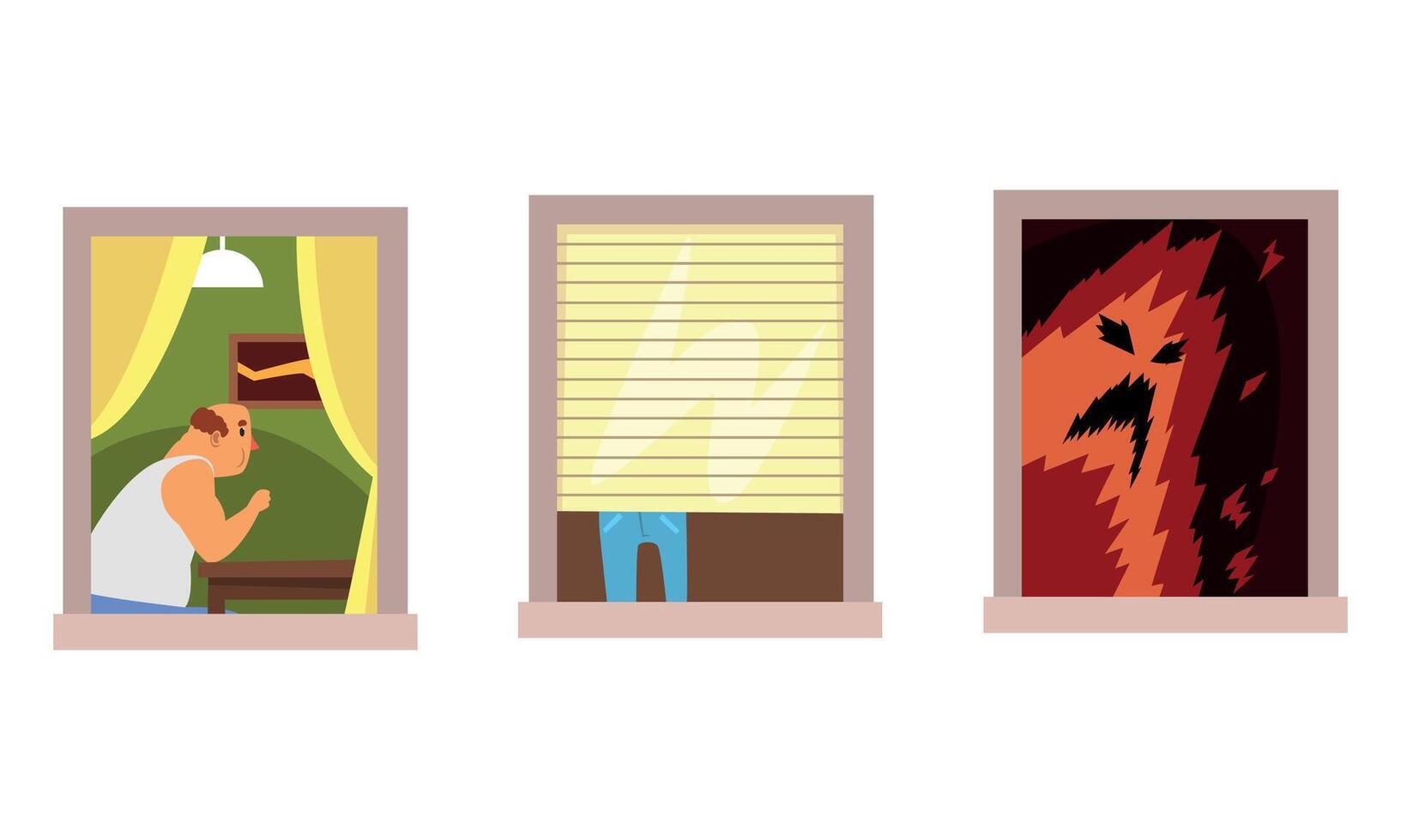Neighbors in Windows Set, Different Situations in Apartments Cartoon Style Illustration vector